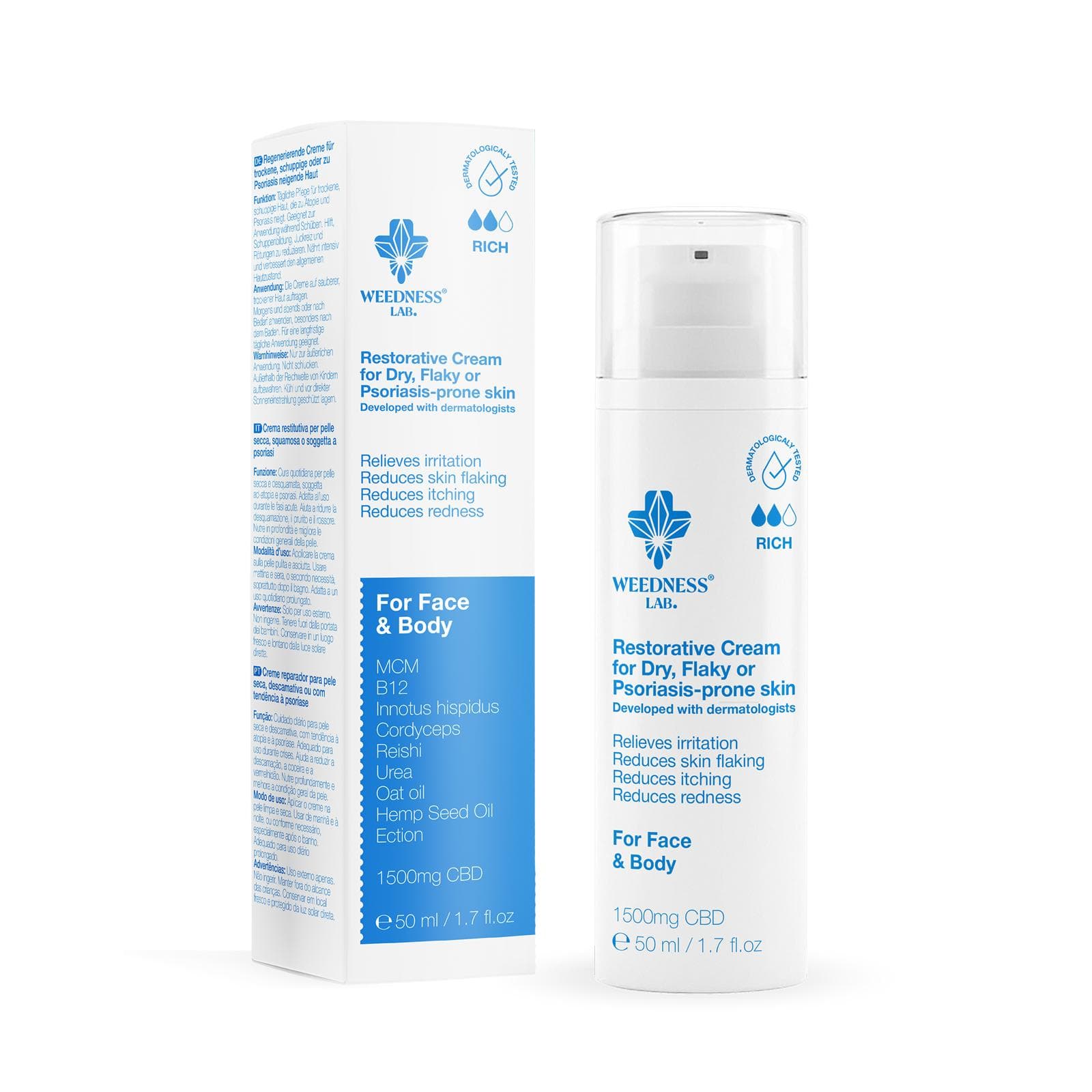 Crema reparadora de CBD para piel seca, descamada y con tendencia a la psoriasis.