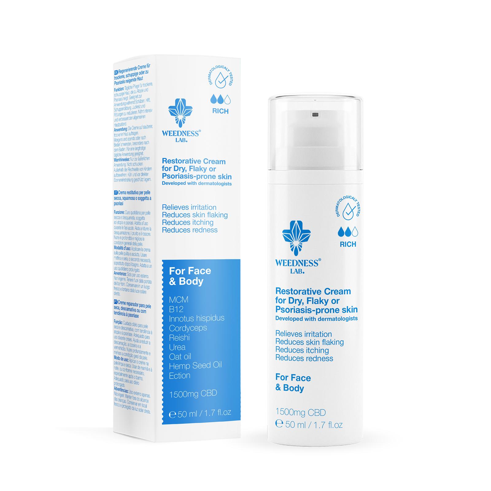 Crema reparadora de CBD para piel seca, descamada y con tendencia a la psoriasis.